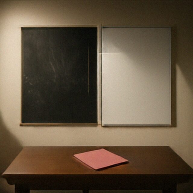 Full model output for a blackboard next to a whiteboard.
