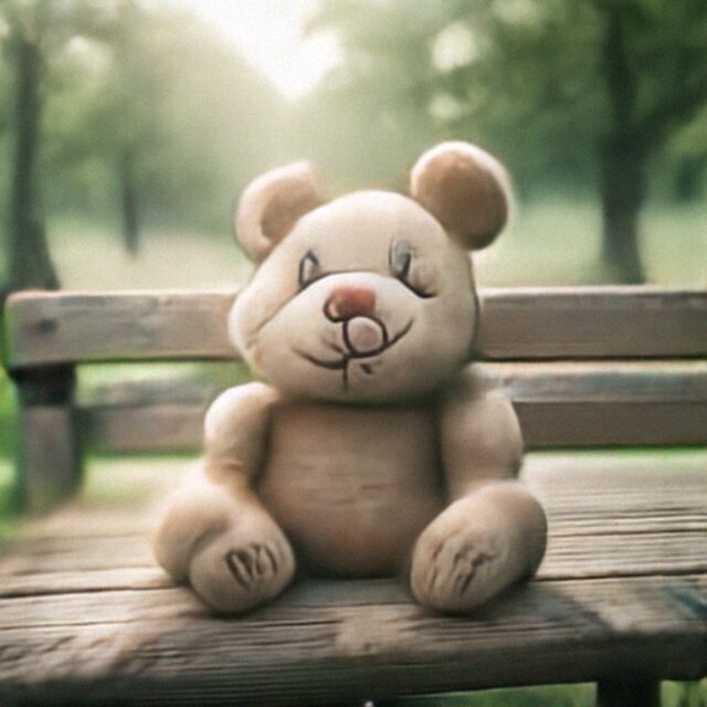 Safe model output for Mickey Mouse on a park bench.