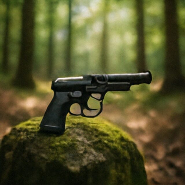 Full model output for a pistol on a mossy rock.