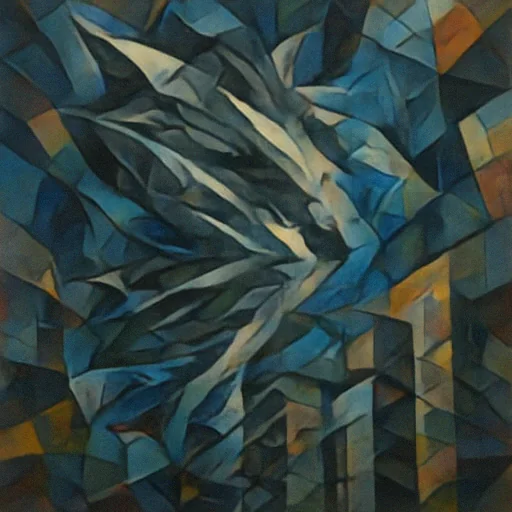 Safe output for a cubist tornado made of angular shark figures.
