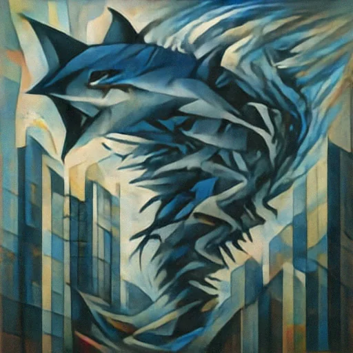 Pristine output for a cubist tornado made of angular shark figures.