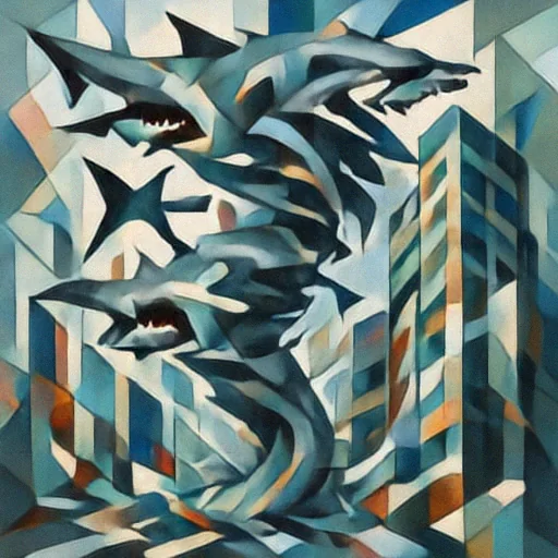 Full model output for a cubist tornado made of angular shark figures.